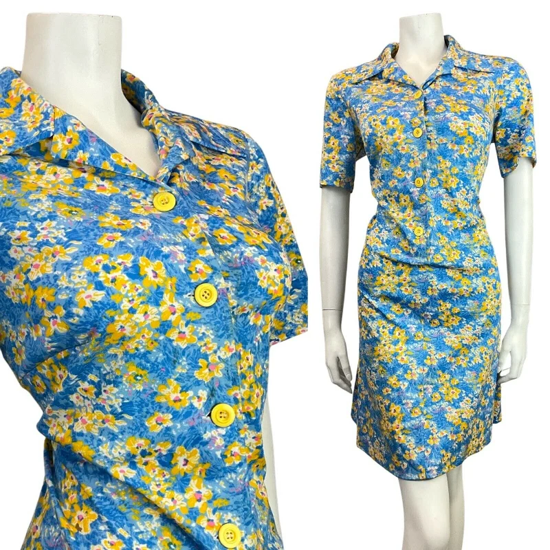 VINTAGE 60s 70s BLUE NAVY YELLOW PSYCHEDELIC FLORAL MOD DAGGER SHIRT DRESS 16