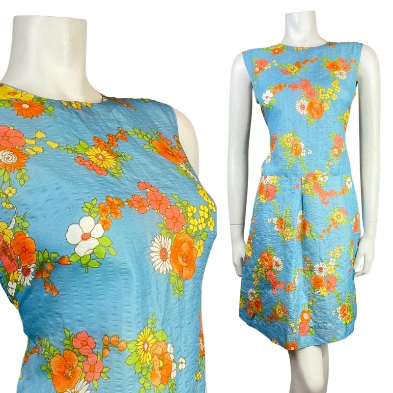 VINTAGE 60s 70s BLUE ORANGE WHITE FLOWER POPPY VINE LEAF SUMMER DRESS 8 10