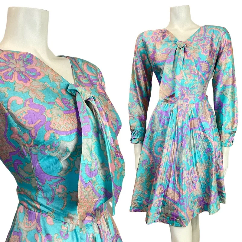 VINTAGE 60s 70s BLUE PURPLE GREY PSYCHEDELIC FLORAL SILK BOW SWING DRESS 12 14