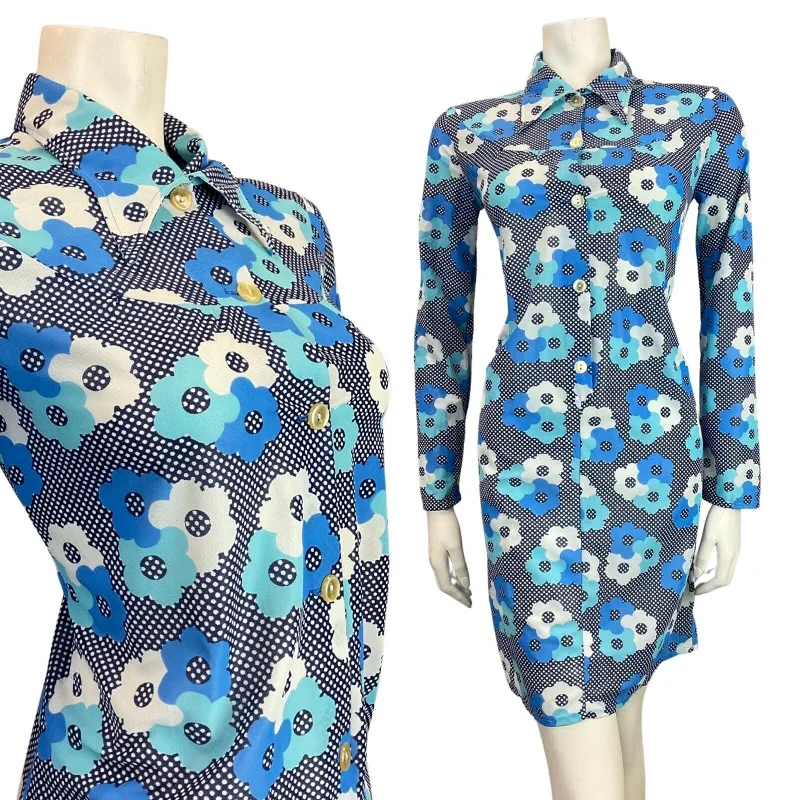 VINTAGE 60s 70s BLUE WHITE POLKA-DOT DAISY FLOWER MOD DAGGER SHIRT DRESS 8 10