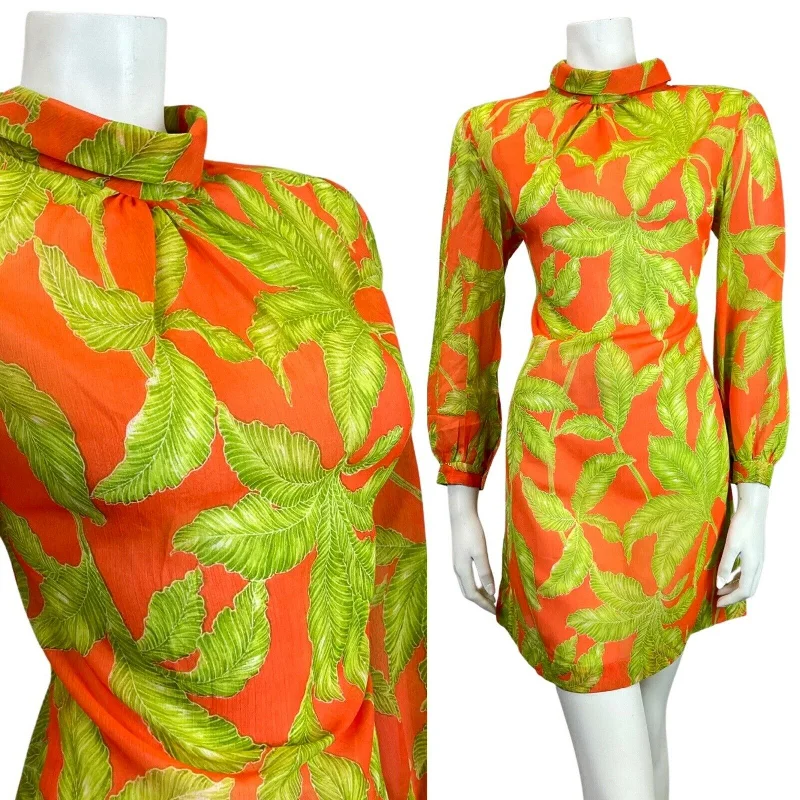 VINTAGE 60s 70s ORANGE GREEN PALM LEAF SHEER TURTLENECK MOD SHIFT DRESS 8 10