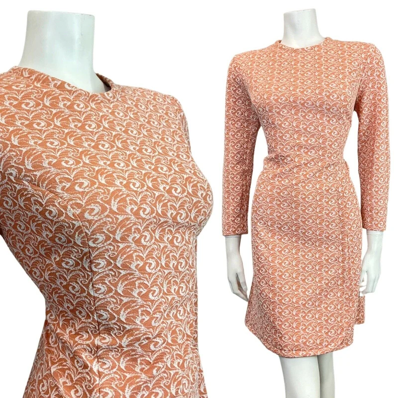 VINTAGE 60s 70s PEACH ORANGE WHITE SWIRL LONG-SLEEVE MOD SHORT DRESS 14 16