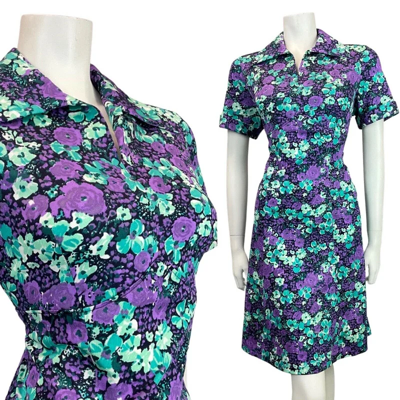 VINTAGE 60s 70s PURPLE BLUE MINT FLORAL DITSY PSYCHEDELIC MOD SHIRT DRESS 14 16