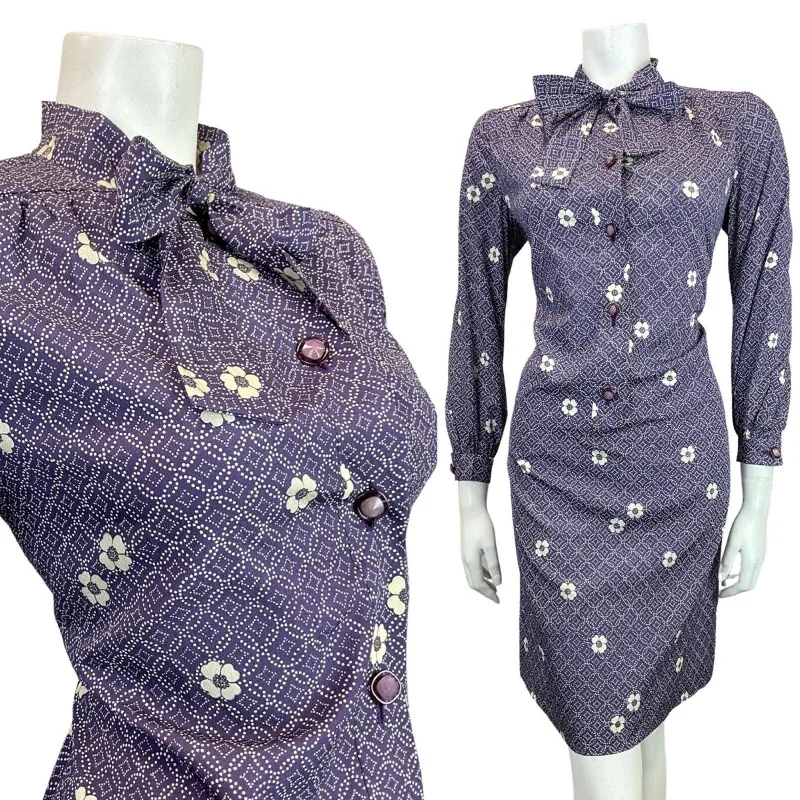 VINTAGE 60s 70s PURPLE WHITE GEOMETRIC DOTTY FLORAL PUSSYBOW SHIRT DRESS 12 14