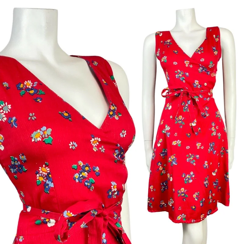 VINTAGE 60s 70s RED BLUE GREEN DITSY FLOWER SLEEVELESS MOD WRAP DRESS 10 12