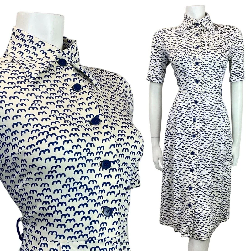 VINTAGE 60s 70s STYLE WHITE BLUE WAVY MOD DAGGER COLLAR SHIRT DRESS 8 10