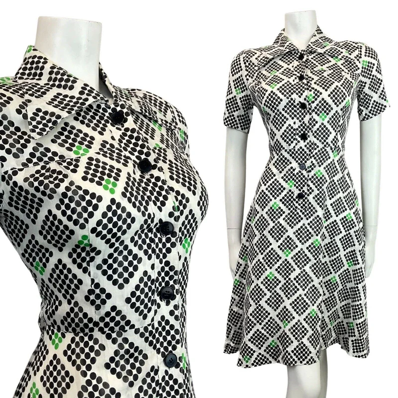 VINTAGE 60s 70s WHITE BLACK GREEN GEOMETRIC DOTTY WING COLLAR MOD SHIRT DRESS 8