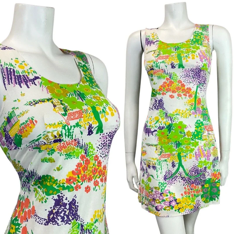 VINTAGE 60s 70s WHITE GREEN PURPLE FLORAL TREE COTTAGE SUMMER SHORT DRESS 8