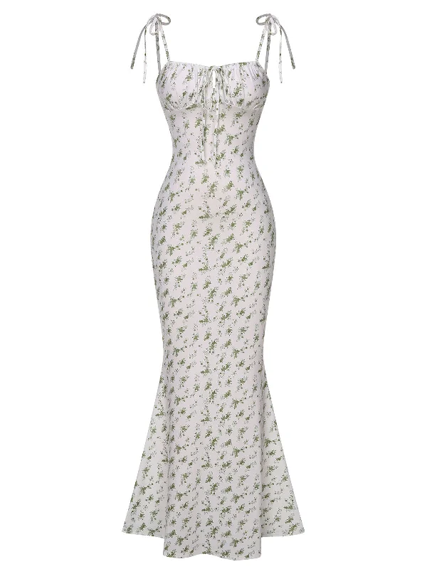 White 1930s Spaghetti Strap Ditsy Floral Dress