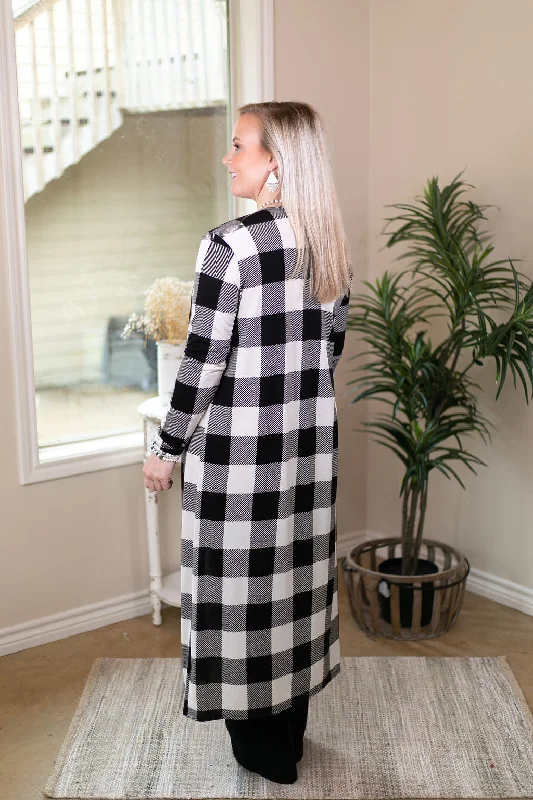 Last Chance Size Small | Can't Let Go Buffalo Plaid Long Duster Cardigan in Black & White