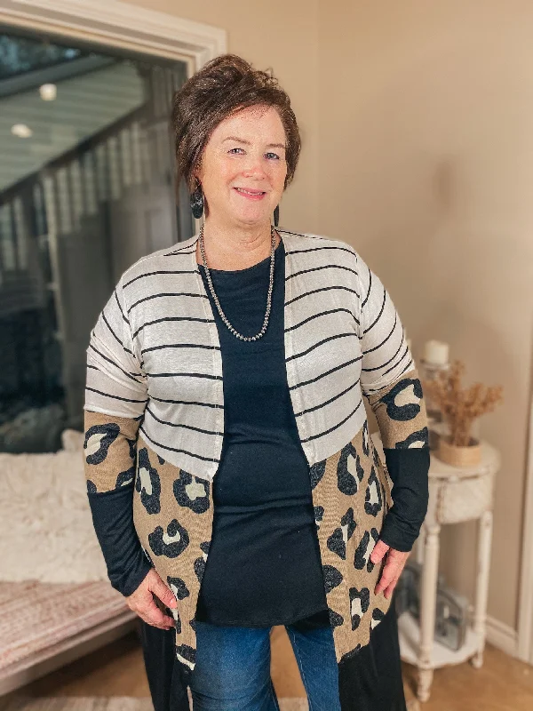 Dewy Morning Striped and Leopard Print Block Cardigan in Black, Ivory, and Taupe