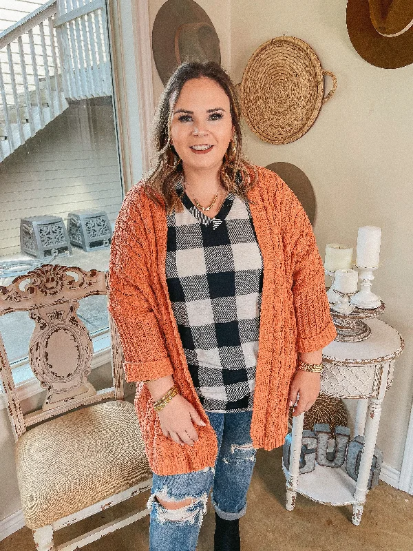 On My Level Chenille Cable Knit Open Front Cardigan in Canyon Clay Orange