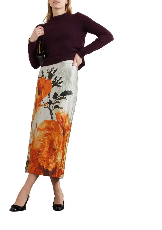 Floral Satin Pencil Midi Skirt In Pearl