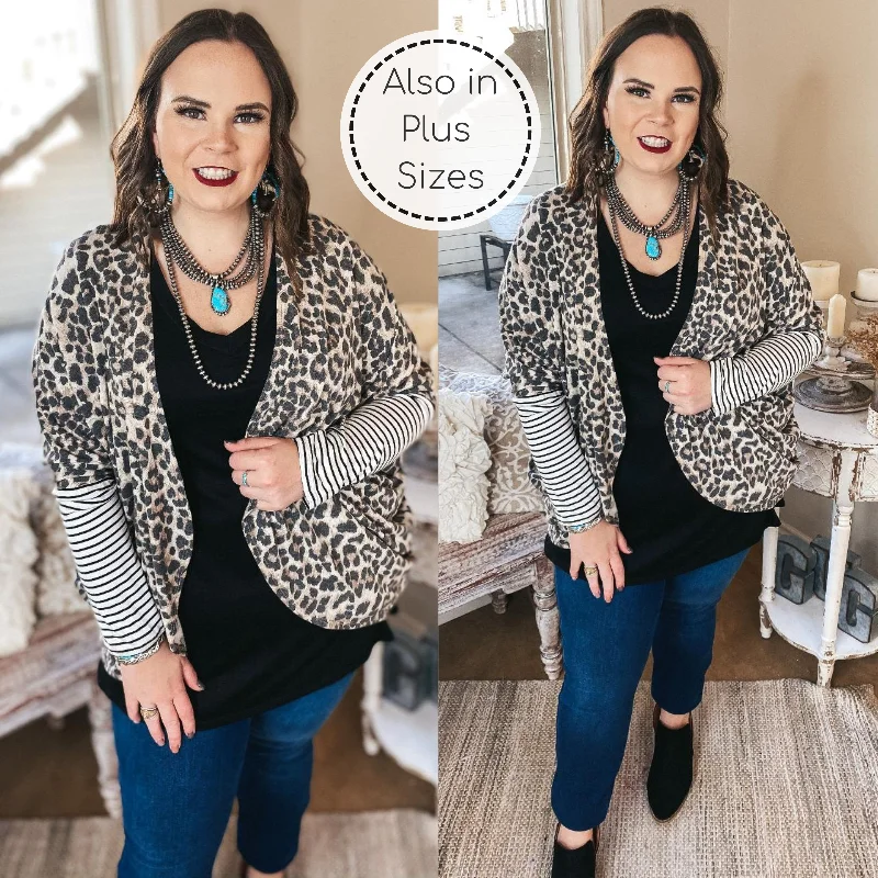 Lining Up Long Sleeve Dolman Cardigan with Striped Sleeves in Leopard