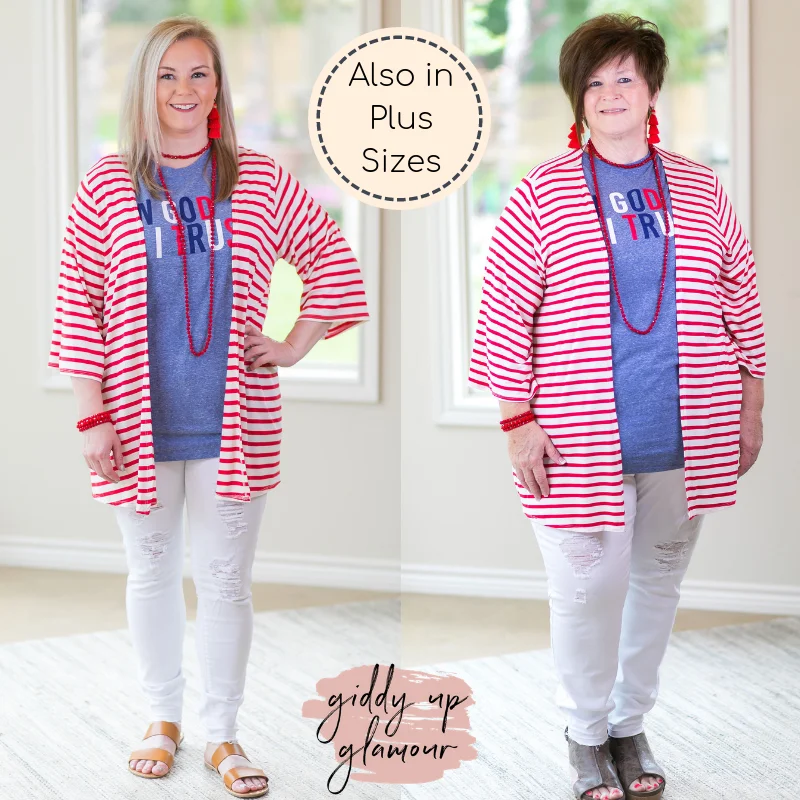 Last Chance Size Small | Living For It Stripe Cardigan with 3/4 Sleeves in Red