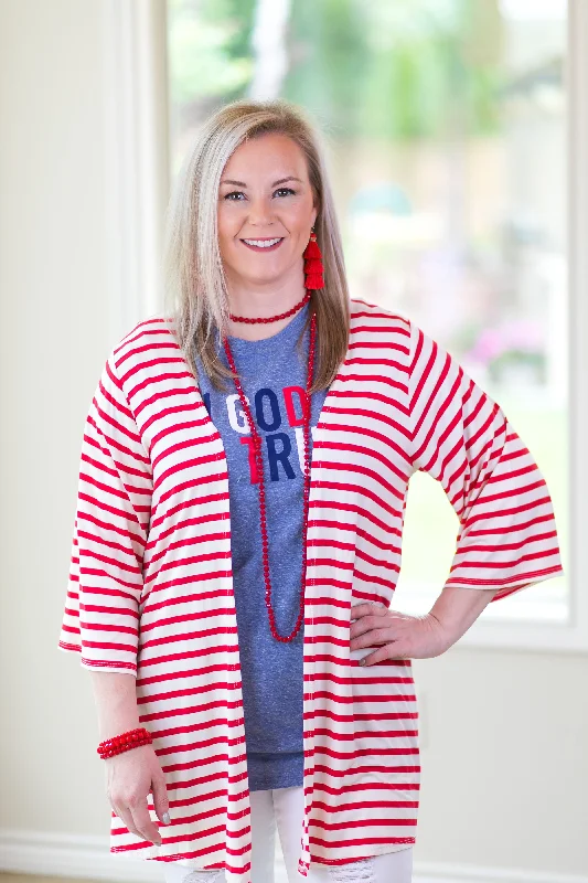 Last Chance Size Small | Living For It Stripe Cardigan with 3/4 Sleeves in Red