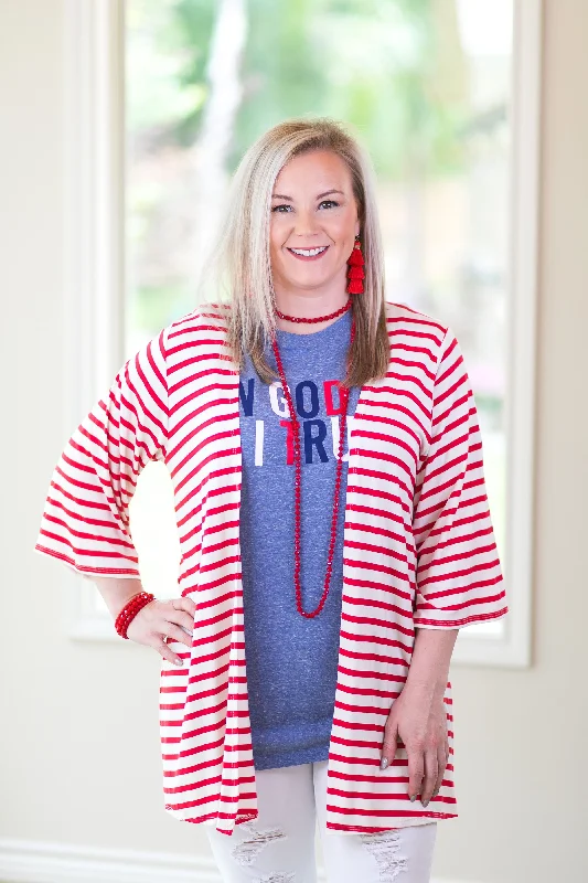 Last Chance Size Small | Living For It Stripe Cardigan with 3/4 Sleeves in Red