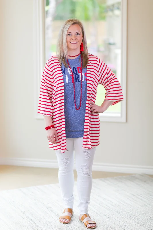 Last Chance Size Small | Living For It Stripe Cardigan with 3/4 Sleeves in Red