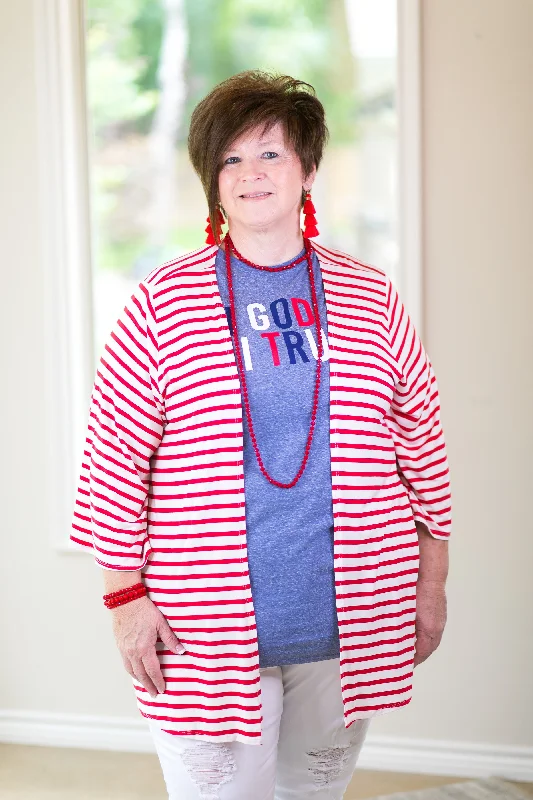 Last Chance Size Small | Living For It Stripe Cardigan with 3/4 Sleeves in Red