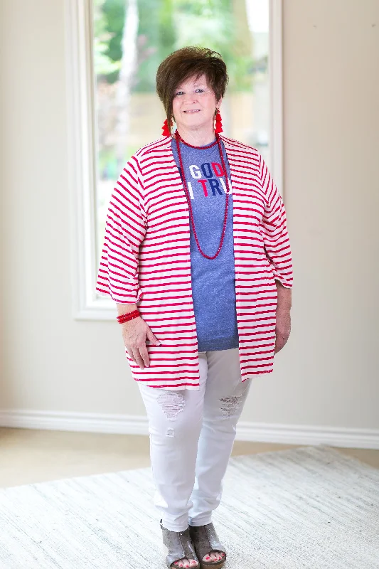 Last Chance Size Small | Living For It Stripe Cardigan with 3/4 Sleeves in Red