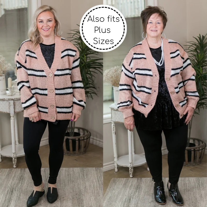 Last Chance Size Small | It's A Beautiful Day Over Size Stripe Button Up Knit Cardigan in Blush Pink