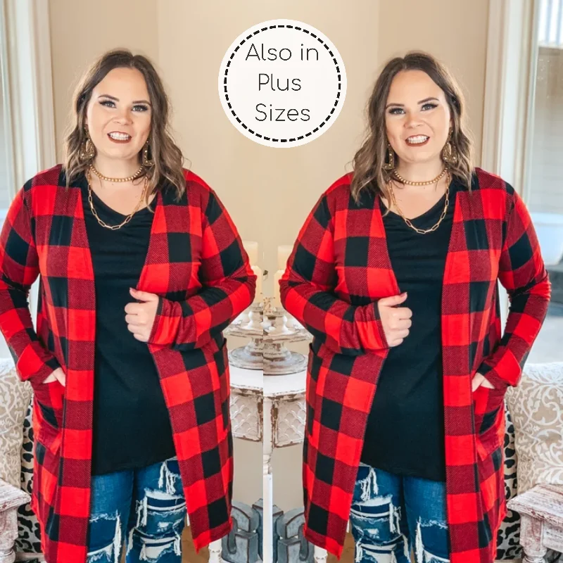 Call You Mine Buffalo Plaid Long Sleeve Cardigan with Pockets in Red