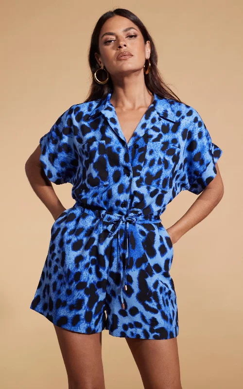 Rizzo Playsuit In Bright Blue Leopard