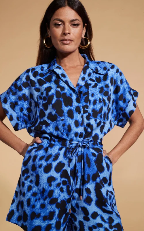 Rizzo Playsuit In Bright Blue Leopard