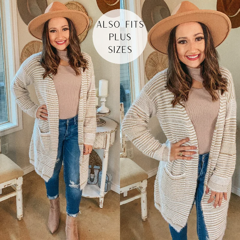 Upstate Chill Striped Knit Cardigan with Pockets in Beige