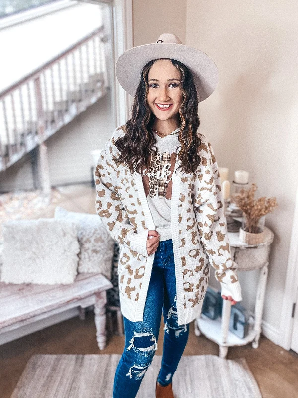 Missing You Taupe Leopard Long Sleeve Open Front Cardigan in Ivory