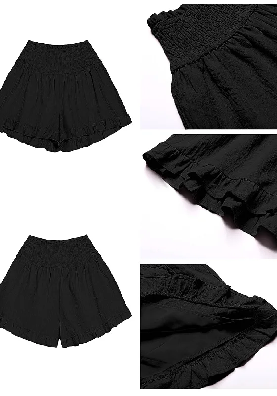 Black Women's Summer Lightweight Elastic High Waisted Beach Wear Wide Leg Shorts