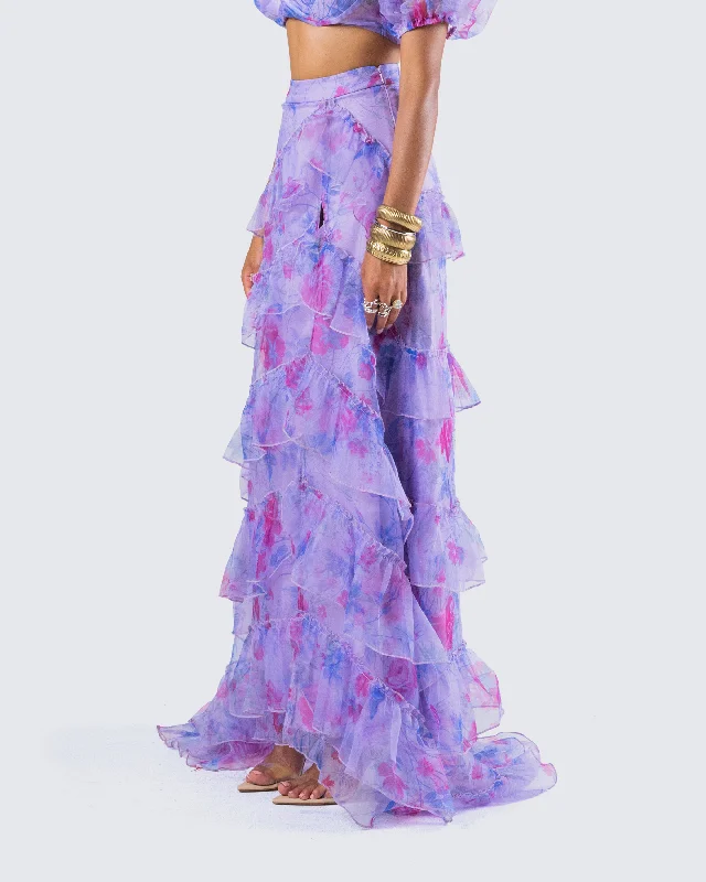 Ida Purple Floral Organza Maxi Skirt