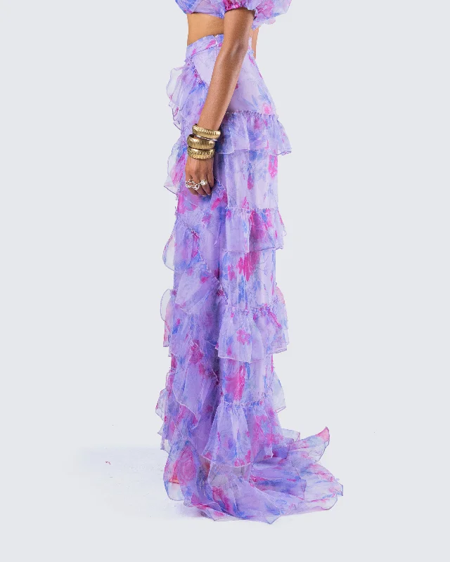 Ida Purple Floral Organza Maxi Skirt