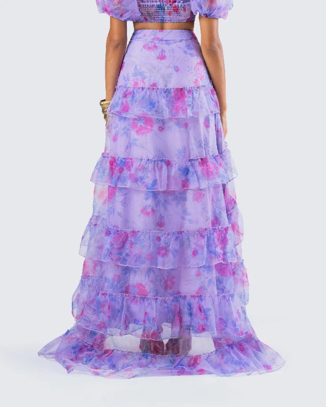 Ida Purple Floral Organza Maxi Skirt