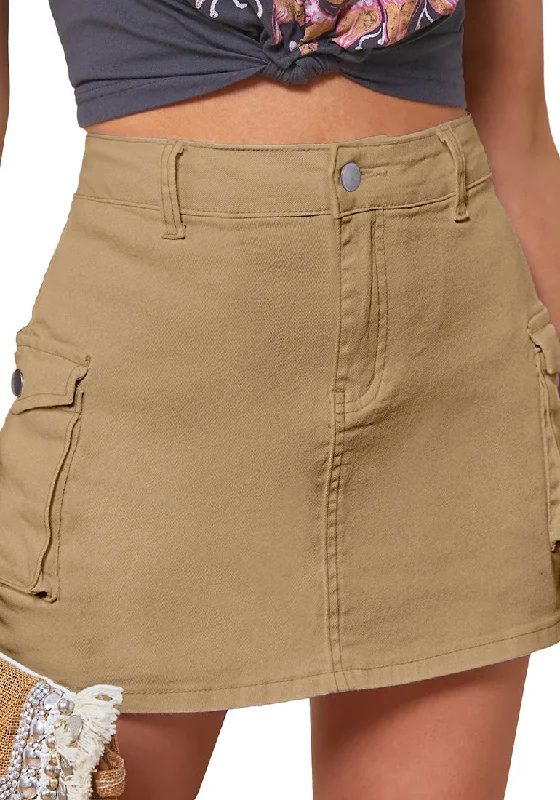 Khaki Women's High Waist Cargo Pocket Skirt Y2K Short