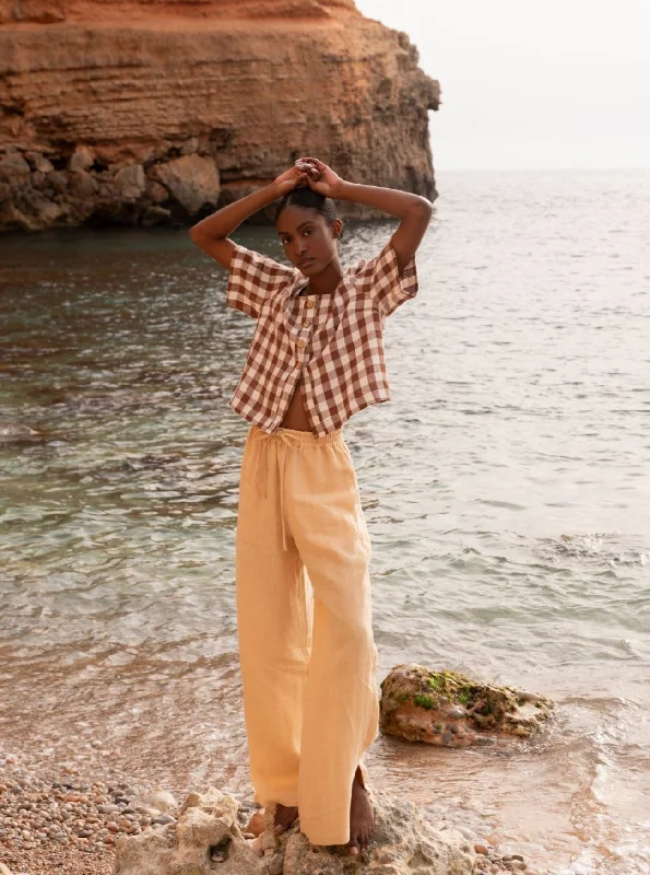 Leah Wide Linen Pants with Slits - Mustard