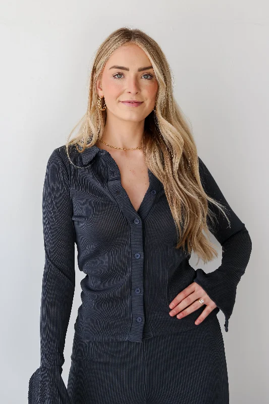 FINAL SALE - Adored Persona Charcoal Ribbed Knit Button-Up Blouse - DU DEAL