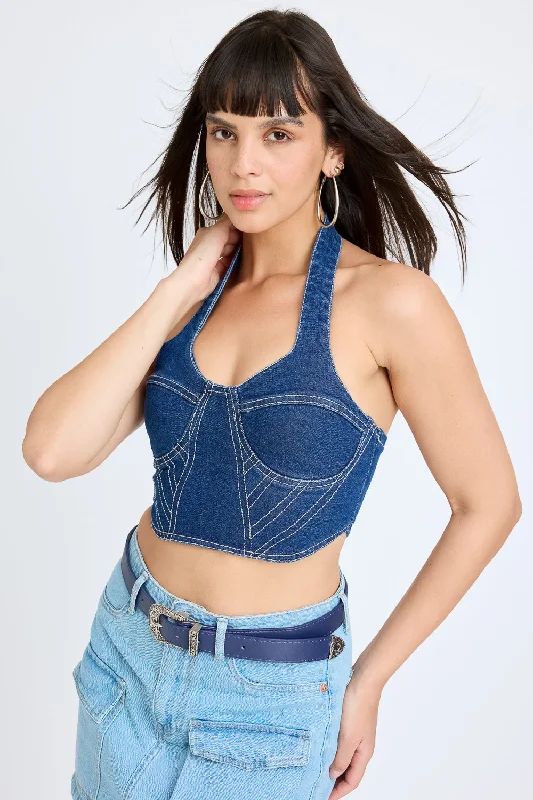 Contrast Stitch Denim Halter Top