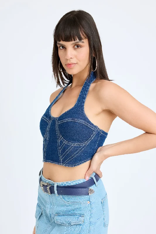 Contrast Stitch Denim Halter Top