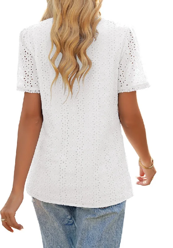 Women's Casual Summer Lace Tops V Neck Short Sleeve Blouses Shirts