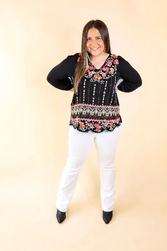 Early Bird Embroidered Front 3/4 Sleeve Top with V Neck in Black