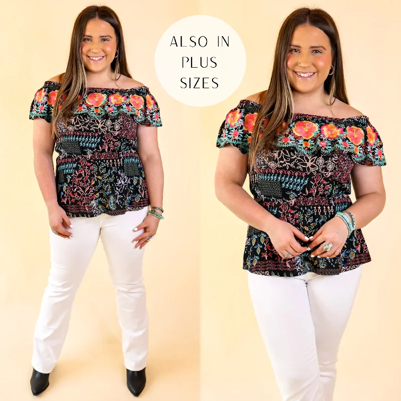 Last Chance Size 1XL, 2XL & 3XL | SanFran Sunshine Floral Embroidered Off the Shoulder Top with Peplum Waist in Black