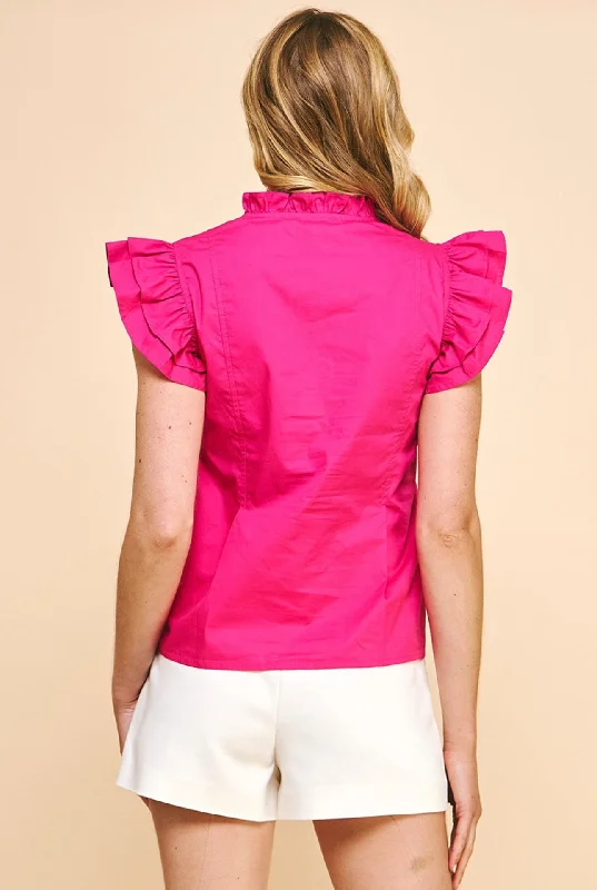 Hot Pink V-Neck Ruffle Sleeve Top