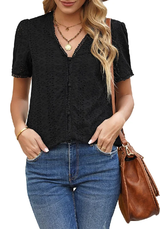 Women's Casual Summer Lace Tops V Neck Short Sleeve Blouses Shirts