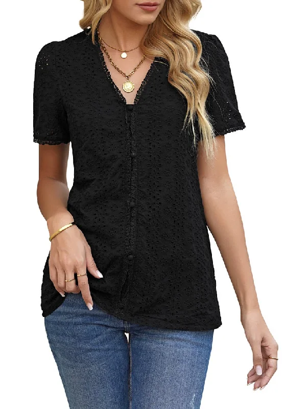 Women's Casual Summer Lace Tops V Neck Short Sleeve Blouses Shirts