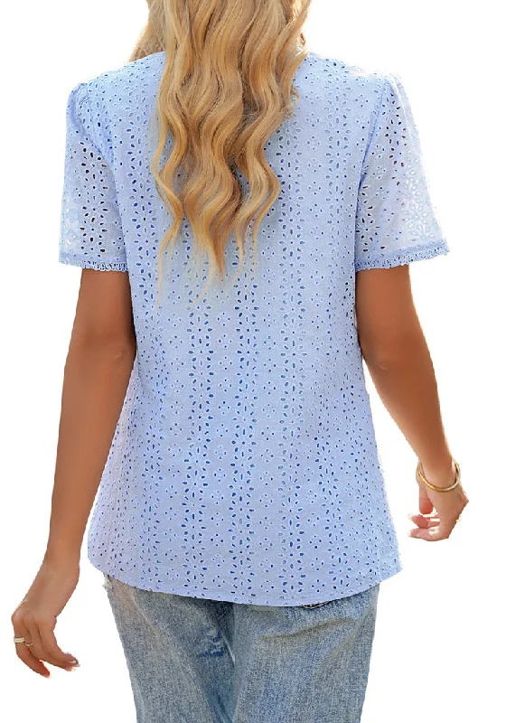 Women's Casual Summer Lace Tops V Neck Short Sleeve Blouses Shirts