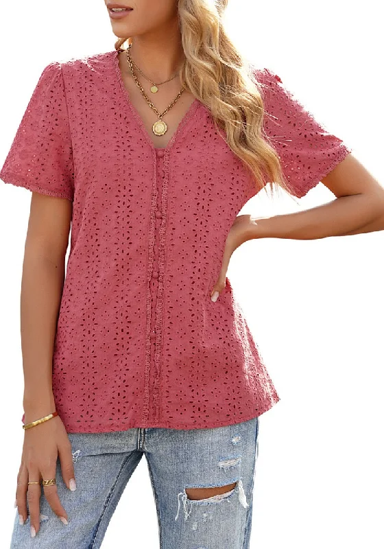 Women's Casual Summer Lace Tops V Neck Short Sleeve Blouses Shirts