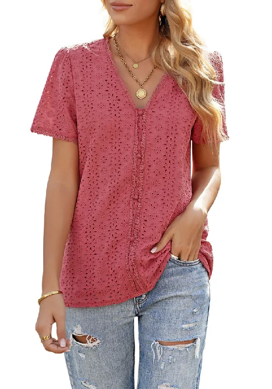 Women's Casual Summer Lace Tops V Neck Short Sleeve Blouses Shirts