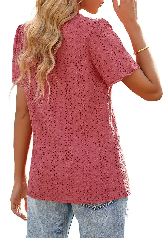 Women's Casual Summer Lace Tops V Neck Short Sleeve Blouses Shirts