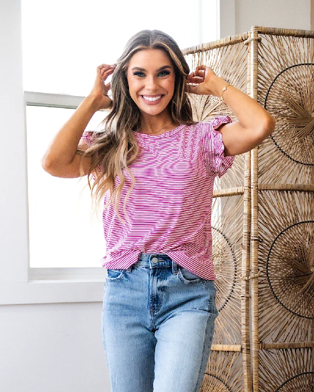 Becky Striped Smocked Flutter Sleeve Top - Pink